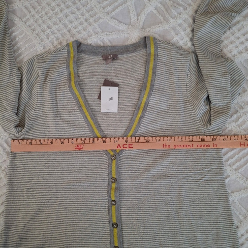 J. Jill Striped Wool Blend Cardigan Sweater Grey Yellow Trim Petite Medium NWT - Picture 3 of 9